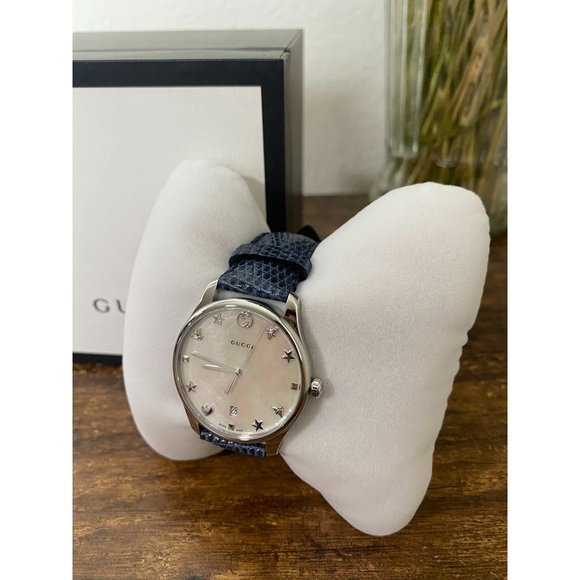 New Gucci G-Timeless Mother of Pearl Dial Blue Lea